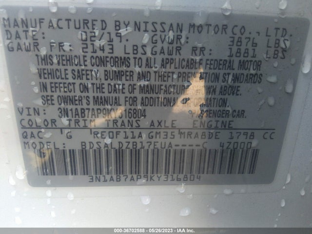 Nissan SENTRA SV 2019 3N1AB7AP9KY316804 Image 10