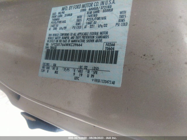 1998 FORD F-150 VIN: 1FTZX1764WKC39664