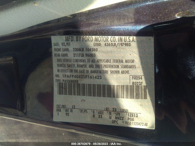 2001 FORD MUSTANG STANDARD/DELUXE/PREMIUM VIN: 1FAFP40421F161423