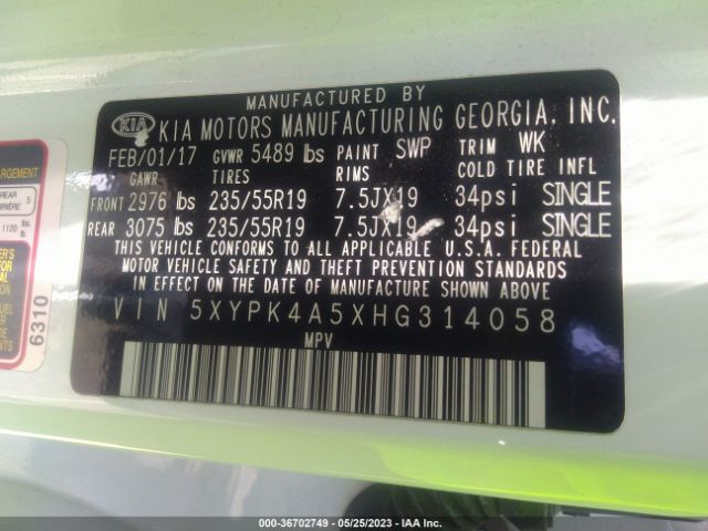 5XYPK4A5XHG314058 KIA Sorento Sx V6