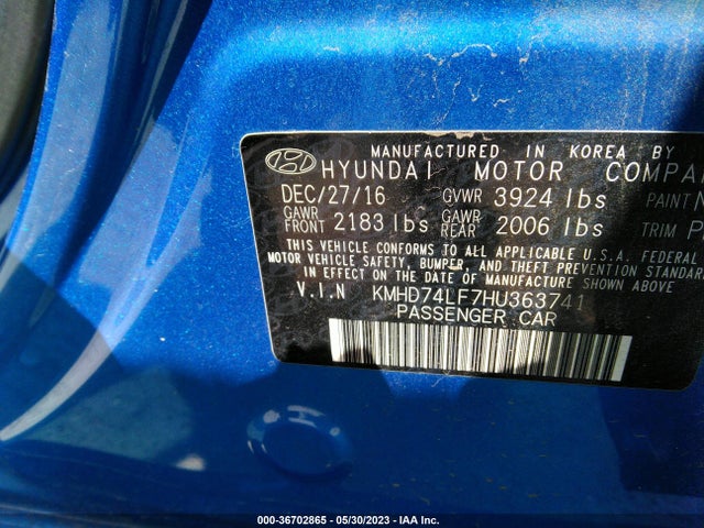 2017 HYUNDAI ELANTRA SE VIN: KMHD74LF7HU363741