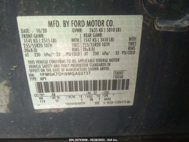 2021 FORD EXPLORER XLT VIN: 1FMSK7DH9MGA02737