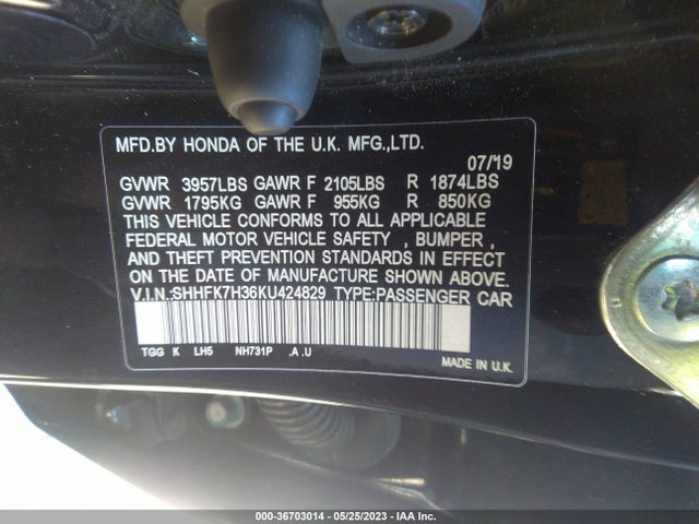 Honda Civic Hatchback Lx 2019 SHHFK7H36KU424829 Image 9
