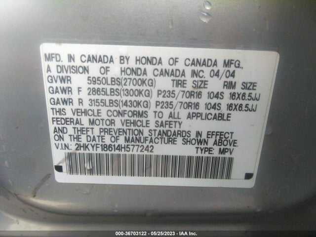 2004 HONDA PILOT EX VIN: 2HKYF18614H577242