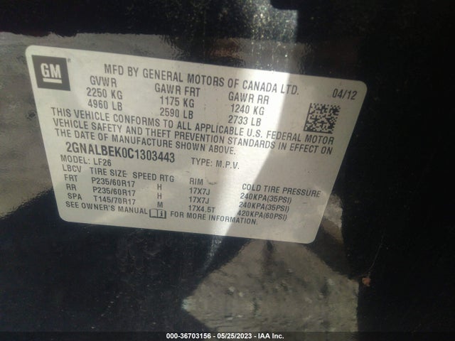 2012 CHEVROLET EQUINOX LS VIN: 2GNALBEK0C1303443