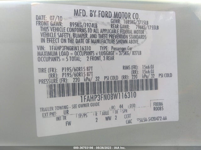 2011 FORD FOCUS SE VIN: 1FAHP3FN0BW116310