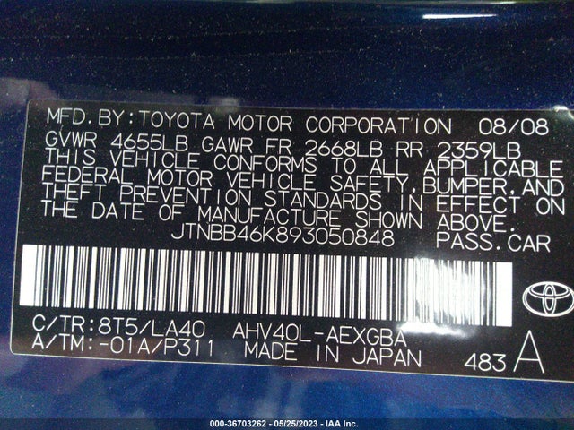 2009 TOYOTA CAMRY HYBRID VIN: JTNBB46K893050848