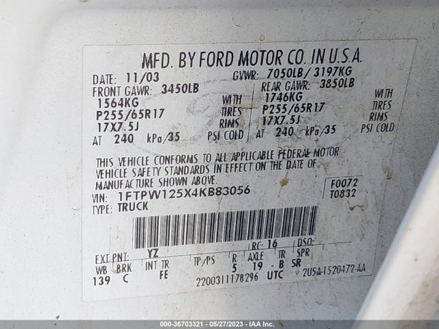 2004 FORD F-150 XLT/LARIAT VIN: 1FTPW125X4KB83056