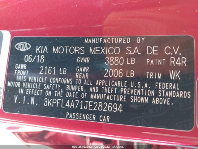 3KPFL4A71JE282694 KIA FORTE S