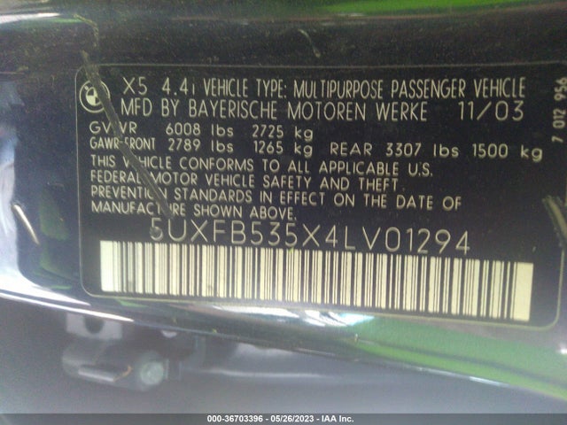2004 BMW X5 4.4I VIN: 5UXFB535X4LV01294