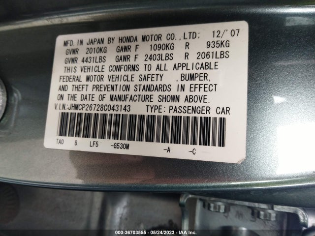 2008 HONDA ACCORD SDN EX VIN: JHMCP26728C043143