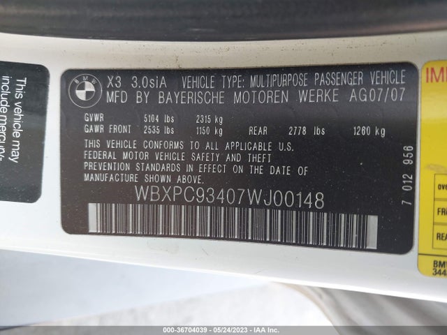 2007 BMW X3 3.0SI VIN: WBXPC93407WJ00148
