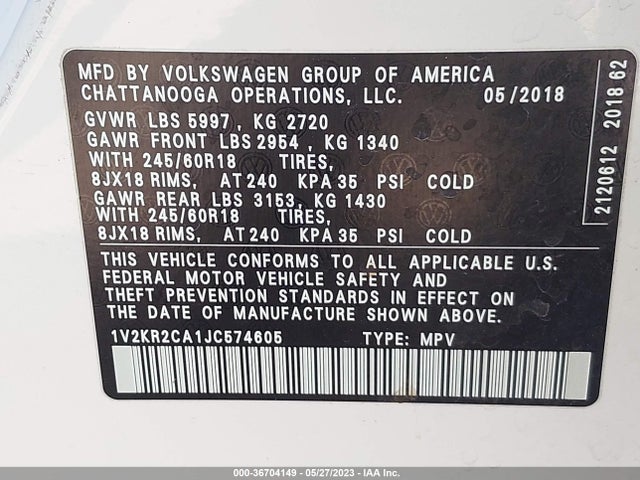 1V2KR2CA1JC574605 Volkswagen Atlas 3.6l V6 Se