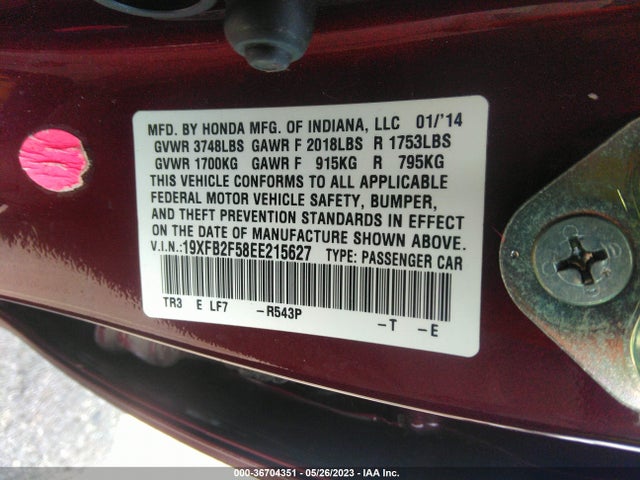 Honda Civic Sedan Lx 2014 19XFB2F58EE215627 Image 10