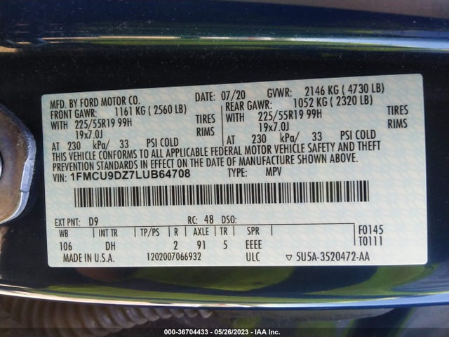 2020 FORD ESCAPE TITANIUM HYBRID VIN: 1FMCU9DZ7LUB64708