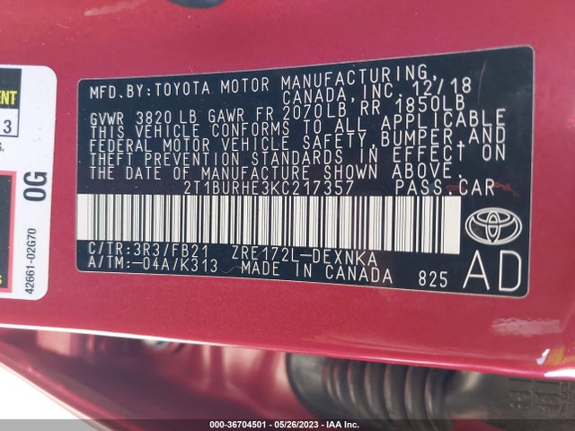 2019 TOYOTA COROLLA L/LE/SE/XLE/XSE VIN: 2T1BURHE3KC217357