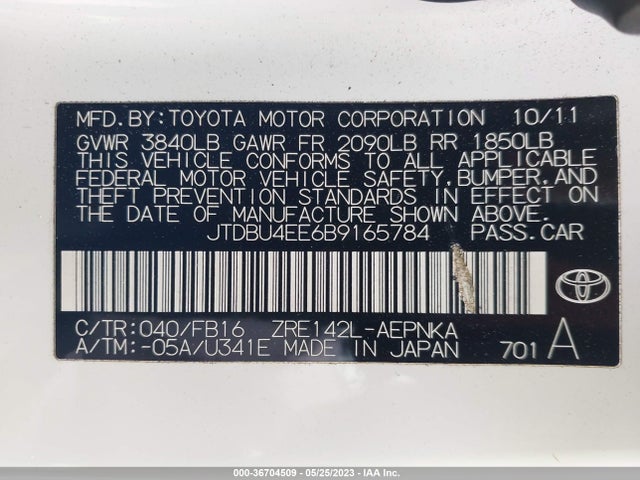 2011 TOYOTA COROLLA L/LE/S VIN: JTDBU4EE6B9165784