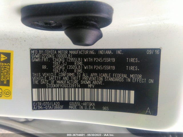 Toyota Highlander Limited 2016 5TDDKRFH3GS339114 Image 9