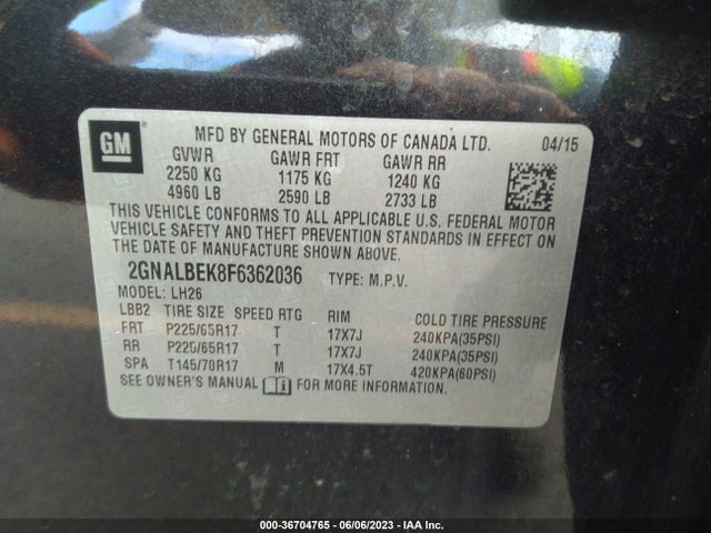 Chevrolet EQUINOX 1LT 2015 2GNALBEK8F6362036 Image 9