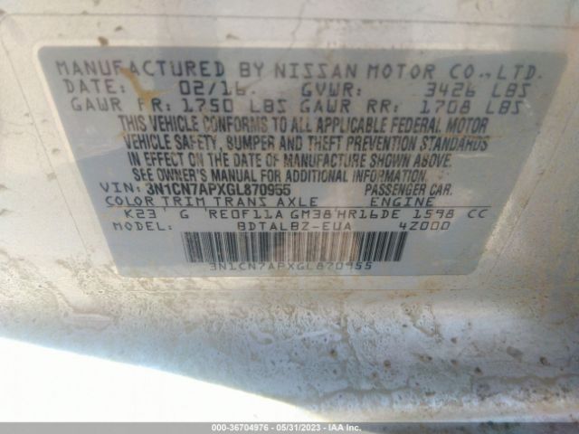 3N1CN7APXGL870955 Nissan Versa S/s Plus/sl/sv