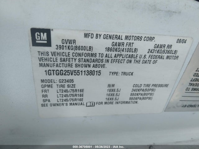 2005 GMC SAVANA CARGO VAN VIN: 1GTGG25V551138015