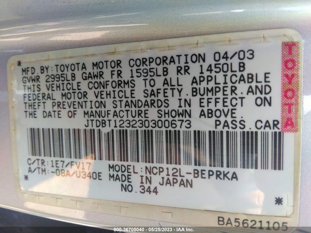 2003 TOYOTA ECHO VIN: JTDBT123230300673