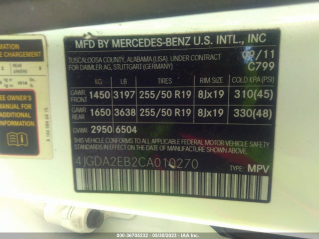 2012 MERCEDES-BENZ M-CLASS ML 350 BLUETEC VIN: 4JGDA2EB2CA010270