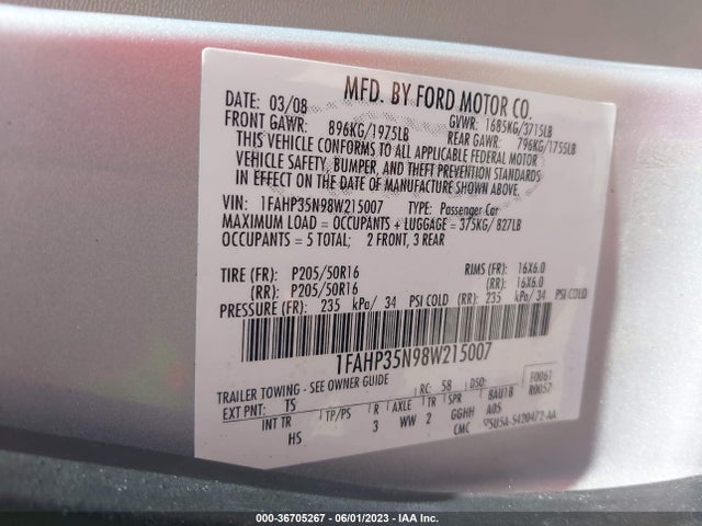 2008 FORD FOCUS SE/SES VIN: 1FAHP35N98W215007