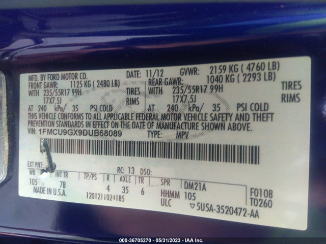 2013 FORD ESCAPE SE VIN: 1FMCU9GX9DUB68089