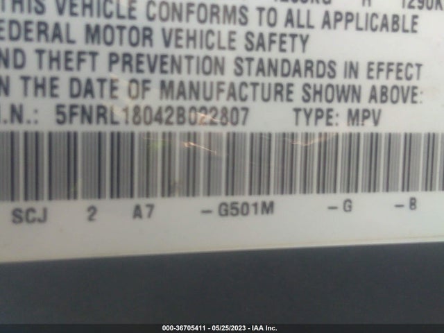 2002 HONDA ODYSSEY EX-L W/DVD/LEATHER VIN: 5FNRL18042B022807