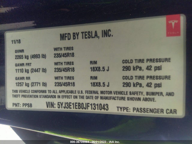 Tesla Model 3 Long Range 2018 5YJ3E1EB0JF131043 Image 12