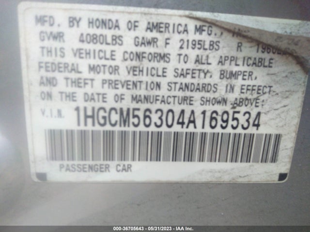 2004 HONDA ACCORD SDN LX VIN: 1HGCM56304A169534