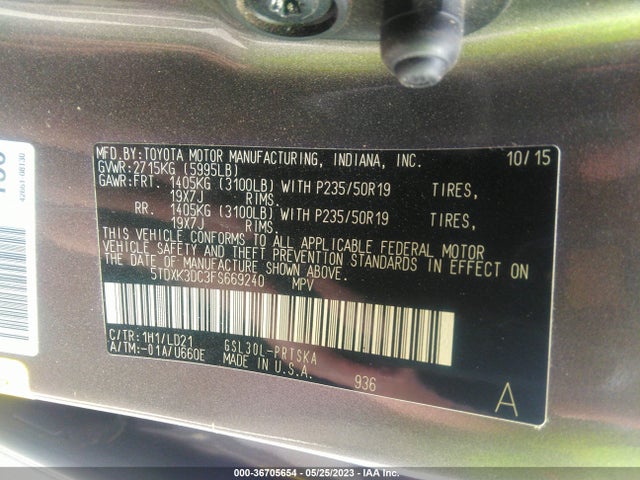 2015 TOYOTA SIENNA SE VIN: 5TDXK3DC3FS669240