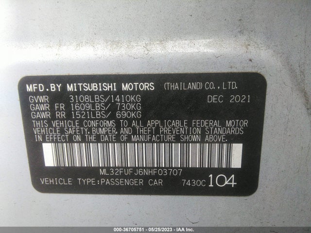 ML32FUFJ6NHF03707 Mitsubishi Mirage G4 Es/le/black Edition