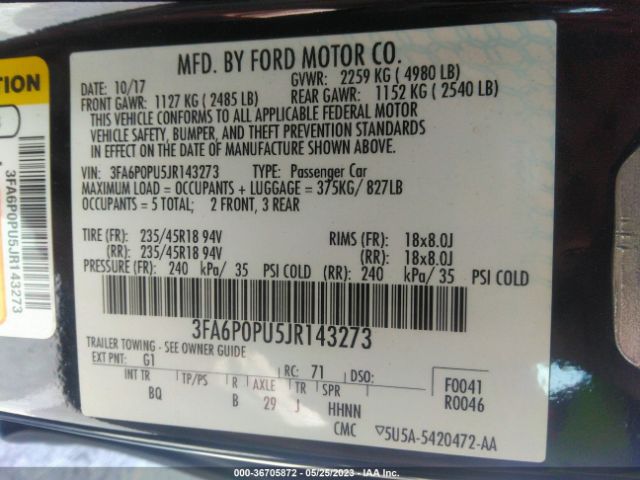 3FA6P0PU5JR143273 Ford Fusion Energi Se