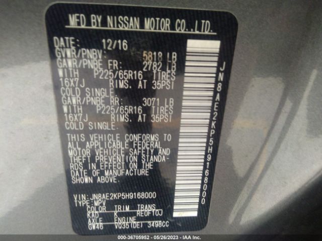 JN8AE2KP5H9168000 Nissan Quest Sv