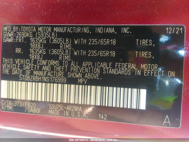 Toyota Highlander Le 2022 5TDBZRBH1NS176999 Image 10