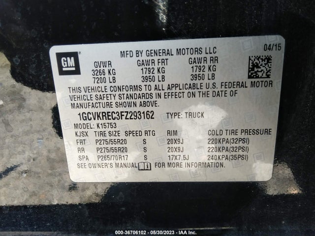 2015 CHEVROLET SILVERADO 1500 LT VIN: 1GCVKREC3FZ293162