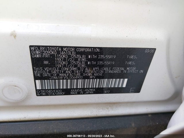 2020 TOYOTA RAV4 XLE PREMIUM VIN: JTMA1RFV5LD064900