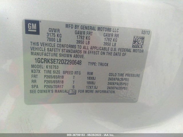 2013 CHEVROLET SILVERADO 1500 LT VIN: 1GCRKSE72DZ290648