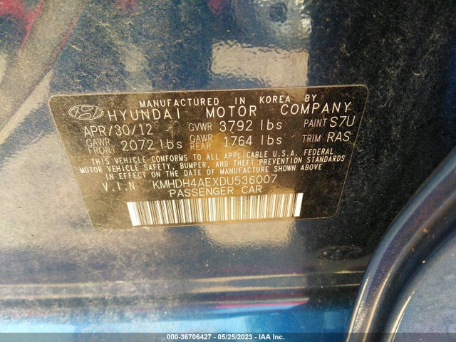 2013 HYUNDAI ELANTRA GLS VIN: KMHDH4AEXDU536007