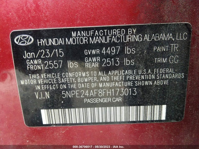 2015 HYUNDAI SONATA 2.4L SE VIN: 5NPE24AF8FH173013