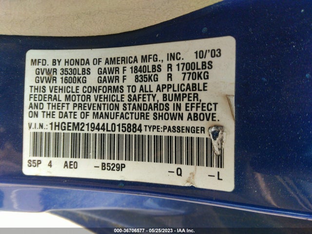 2004 HONDA CIVIC EX VIN: 1HGEM21944L015884