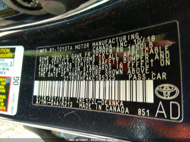 2019 TOYOTA COROLLA L/LE/SE/XLE/XSE VIN: 2T1BURHE4KC185325