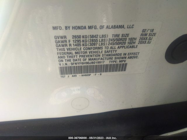 5FNYF6H90JB019917 Honda Pilot Touring