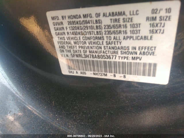 2010 HONDA ODYSSEY EX-L VIN: 5FNRL3H78AB053677