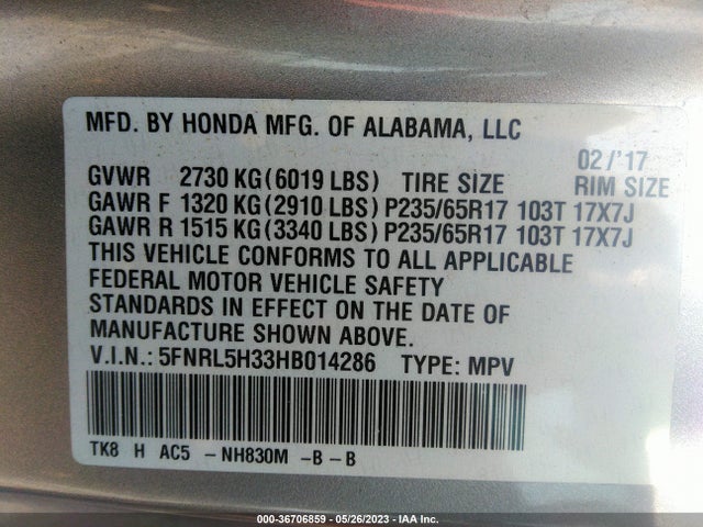 Honda ODYSSEY SE 2017 5FNRL5H33HB014286 Image 9