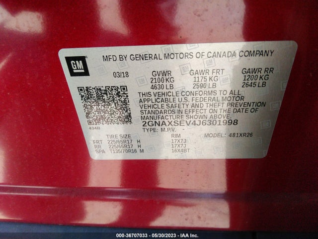 Chevrolet EQUINOX LT 2018 2GNAXSEV4J6301998 Image 9