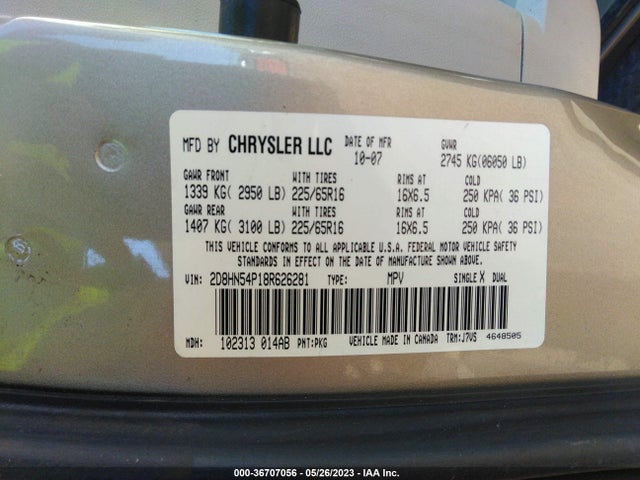 2008 DODGE GRAND CARAVAN SXT VIN: 2D8HN54P18R626281