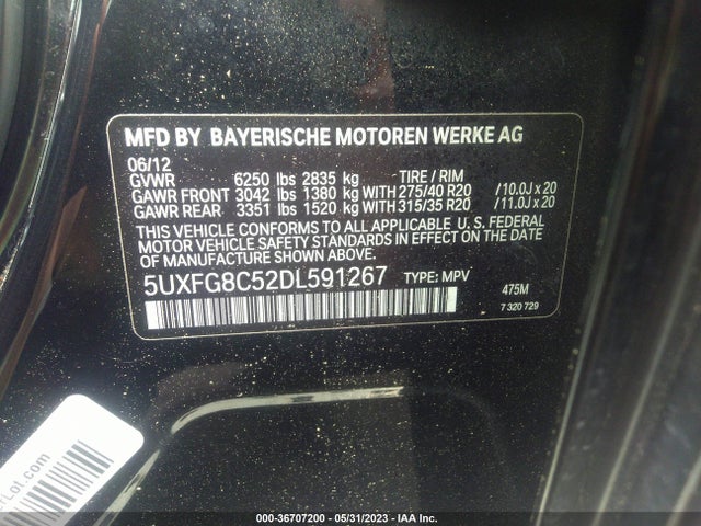 Aukcja sprzedaży 2013 Bmw X6 Xdrive50i, vin: 5UXFG8C52DL591267, numer aukcji: 36707200